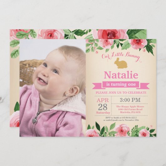 バニー誕生日ガールイースターエッグ1st最初の誕生日 招待状 (正面/裏面)