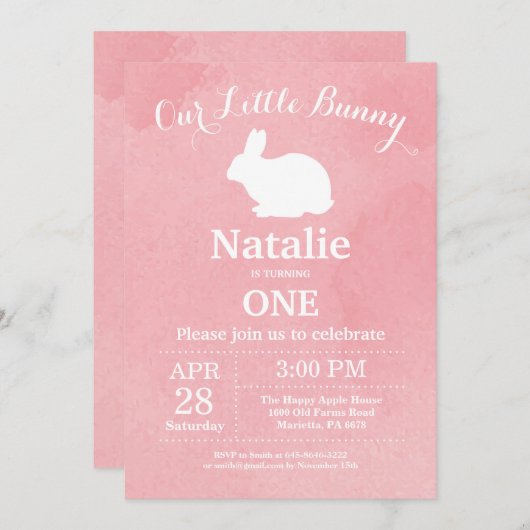 バニー誕生日ガールイースターエッグ1st最初の誕生日 招待状 (正面/裏面)