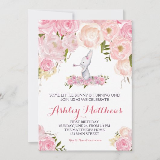 バニー誕生日ピンク美しいフローラ招待状, 招待状 (正面)