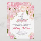バニー誕生日ピンク美しいフローラ招待状, 招待状 (正面/裏面)