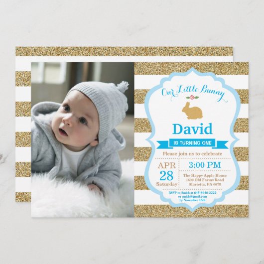 バニー誕生日ボーイイースターエッグ第1誕生日 招待状 (正面/裏面)