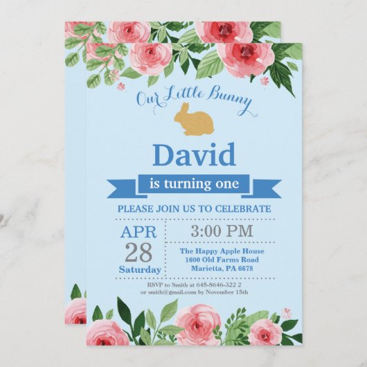 バニー誕生日ボーイイースターエッグ1st最初の誕生日 招待状 (正面/裏面)