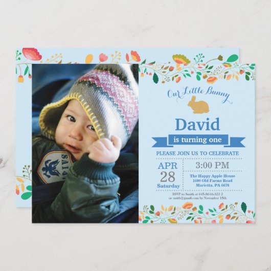 バニー誕生日ボーイイースターエッグ1st最初の誕生日 招待状 (正面/裏面)