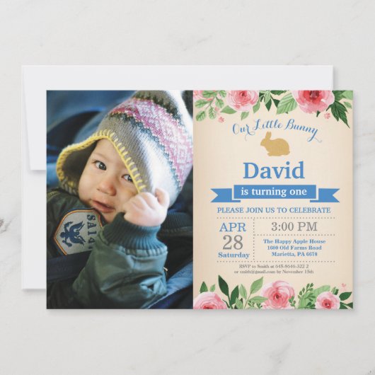 バニー誕生日ボーイイースターエッグ1st最初の誕生日 招待状 (正面)