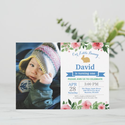 バニー誕生日ボーイイースターエッグ1st最初の誕生日 招待状 (スタンド正面)