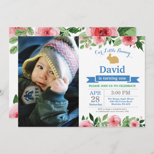 バニー誕生日ボーイイースターエッグ1st最初の誕生日 招待状 (正面/裏面)