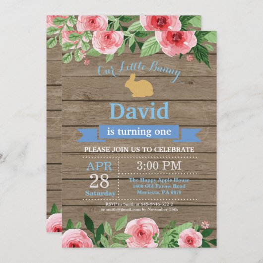 バニー誕生日ボーイイースターエッグ1st最初の誕生日 招待状 (正面/裏面)