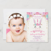 バニー誕生日写真の招待ピンクと金ゴールド1日 招待状 (正面)