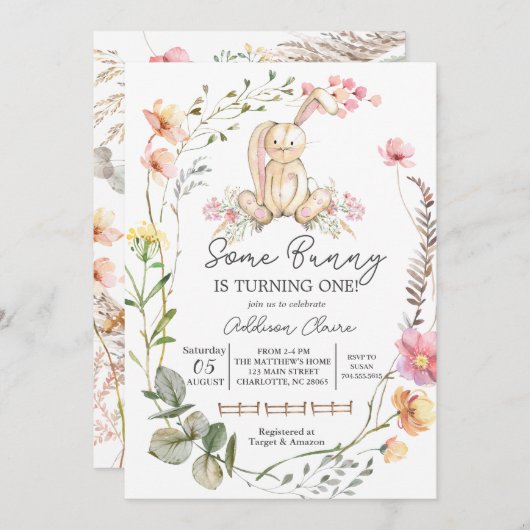 バニー誕生日招待状、いくつかのバニーが回転している 招待状 (正面/裏面)