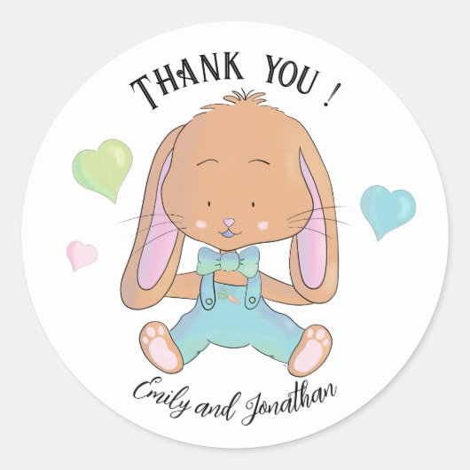 バニー赤ちゃんシャワーありがとうホワイトラウンドステッカー ラウンドシール (正面)