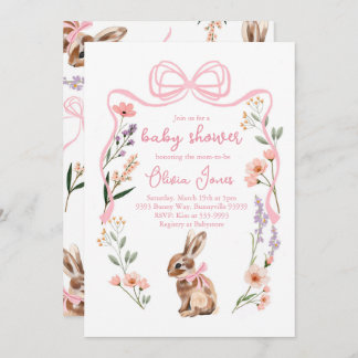 バニー赤ちゃんシャワー招待ピンクの弓ガールの花 招待状