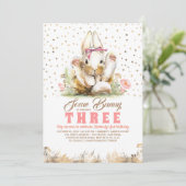 バニー金ゴールドグリッターピンクフローラ誕生日 招待状 (スタンド正面)