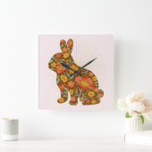 バニー金ゴールドグリッターフローラピンクブラウン スクエア壁時計 (ホーム)