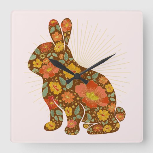 バニー金ゴールドグリッターフローラピンクブラウン スクエア壁時計 (正面)