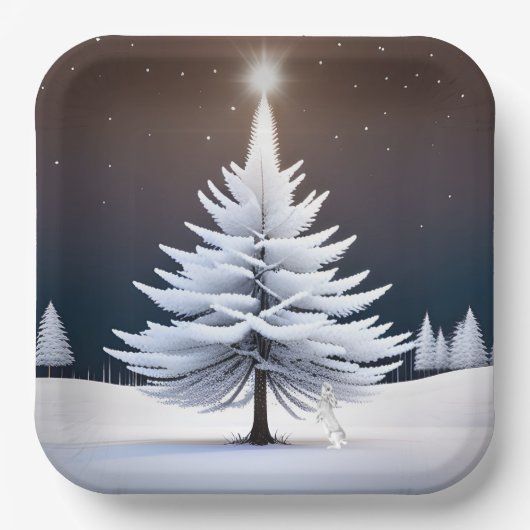 バニー霜の降りた付きクリスマスツリー ペーパープレート (正面)