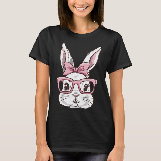 バニー顔とピンクサングルボウタイイースターデーギ Tシャツ (正面)