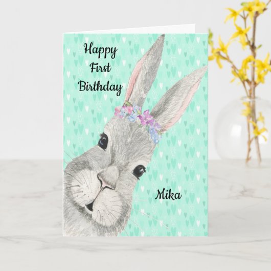 バニー顔付き最初のバースデーカード カード (黄色い花)