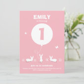 バニー風船|淡いピンクの子供の誕生日招待状 招待状 (スタンド正面)