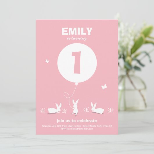 バニー風船|淡いピンクの子供の誕生日招待状 招待状 (スタンド正面)