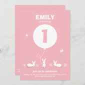 バニー風船|淡いピンクの子供の誕生日招待状 招待状 (正面/裏面)