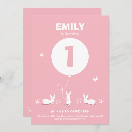 バニー風船|淡いピンクの子供の誕生日招待状 招待状 (正面/裏面)