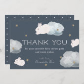 バニー飛んでいるスター&クラウドネイビーブルーサンキューカード シーズンカード (正面/裏面)