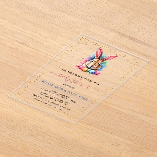 バニー魅力的エッグイースターベイビーシャワー アクリル招待状 (レイダウン)