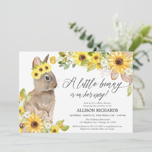 バニー黄色ひまわり花かわいい女の子ベビーシャワー 招待状 (スタンド正面)
