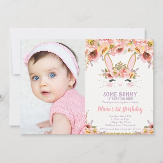 バニー1歳の少女たちフローラうさぎの写真 招待状 (正面)