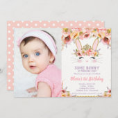 バニー1歳の少女たちフローラうさぎの写真 招待状 (正面/裏面)