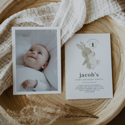 バニー1歳の誕生日フォト招待状ホワイトバルーン 招待状