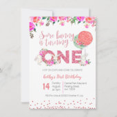 バニー1th誕生日フローラ招待状ピンクグリッター 招待状 (正面)