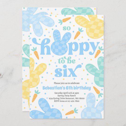 バニー6thバースデーパーティー春ボーイバニー誕生日 招待状 (正面/裏面)