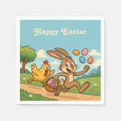 バニー・エッグを鶏から奪う | イースターおもしろいアニメ スタンダードカクテルナプキン (正面)