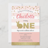 バニー·ガール·ファースト·バースデー·インビテーション·ピンクと金ゴールド 招待状 (正面)