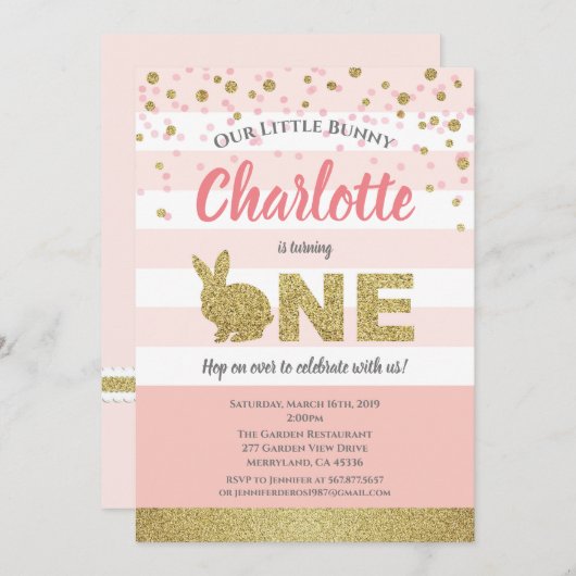 バニー·ガール·ファースト·バースデー·インビテーション·ピンクと金ゴールド 招待状 (正面/裏面)