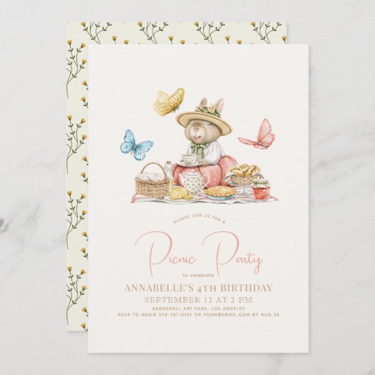 バニー&バタフライピクニックティーパーティーガール誕生日 招待状 (正面/裏面)