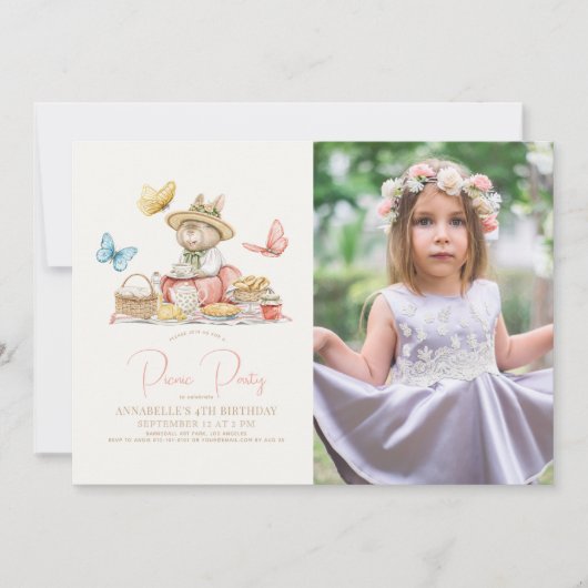 バニー&バタフライピクニックティーパーティー誕生日フォト 招待状 (正面)
