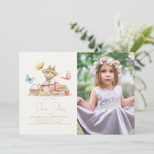 バニー&バタフライピクニックティーパーティー誕生日フォト 招待状 (スタンド正面)