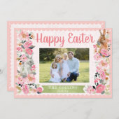 バニー・フローラ・ピンク・カード付きイースター写真家族 サンキューカード (正面/裏面)