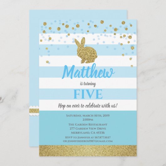 バニー·ボーイ·バースデー·インビテーション、アージ·ブルー 招待状 (正面/裏面)