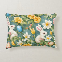 バニー、春の花、イースターエッグ。絵画の アクセントクッション