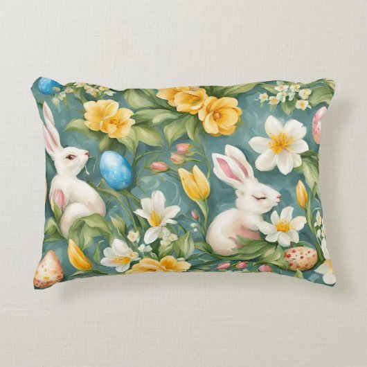 バニー、春の花、イースターエッグ。絵画の アクセントクッション (正面)