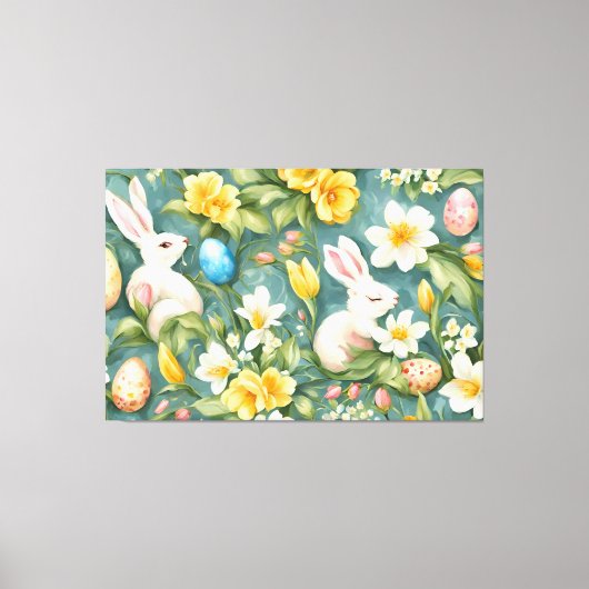 バニー、春の花、イースターエッグ。絵画の キャンバスプリント (正面)