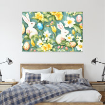 バニー、春の花、イースターエッグ。絵画の