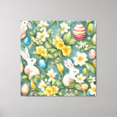 バニー、春の花、イースターエッグ。絵画の キャンバスプリント (正面)