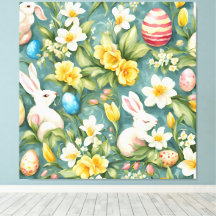 バニー、春の花、イースターエッグ。絵画の
