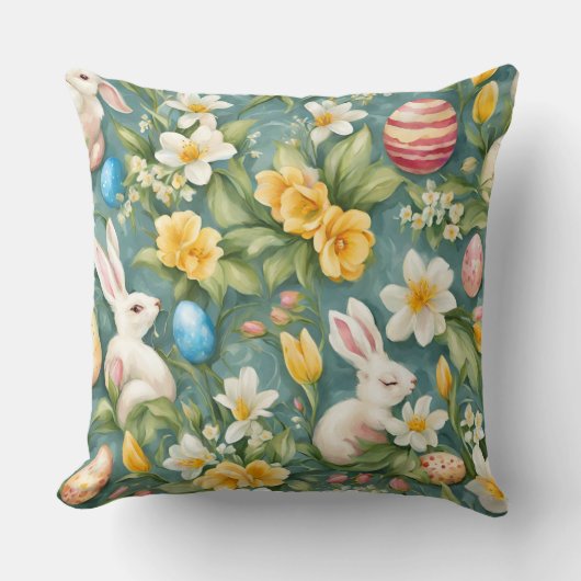 バニー、春の花、イースターエッグ。絵画の クッション (正面)