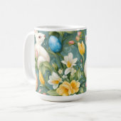 バニー、春の花、イースターエッグ。絵画の コーヒーマグカップ (正面左)
