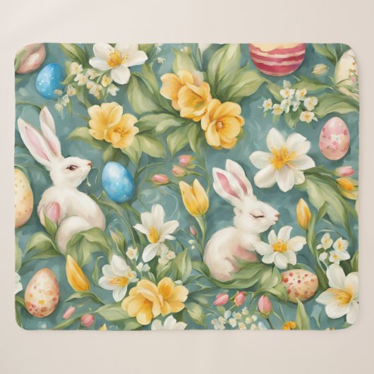 バニー、春の花、イースターエッグ。絵画の シェルパブランケット (正面(横))